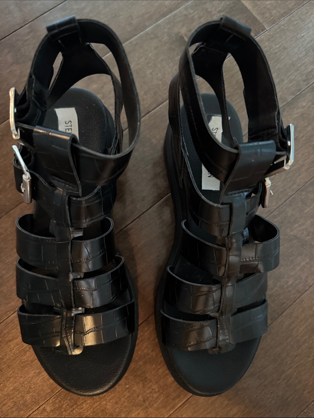 Steve Madden Zeeta Black Croc Strappy Gladiator Sandals